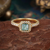 Princess Cut Moss Agate Engagement Ring Halo Half Eternity Pave Band